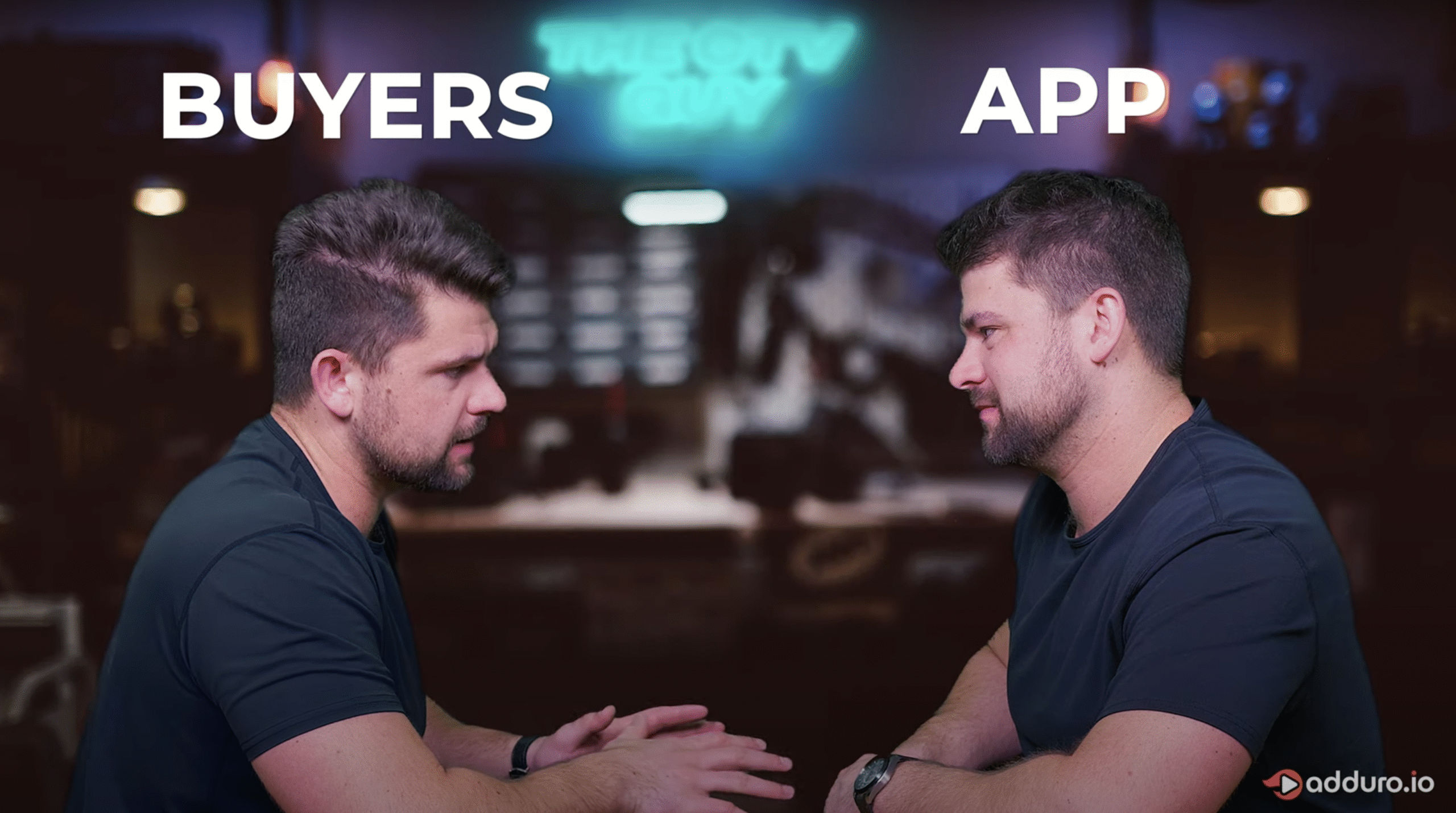 Split-screen image of two men (the same person) labeled "BUYERS" and "APP," simulating a real-time ad negotiation.